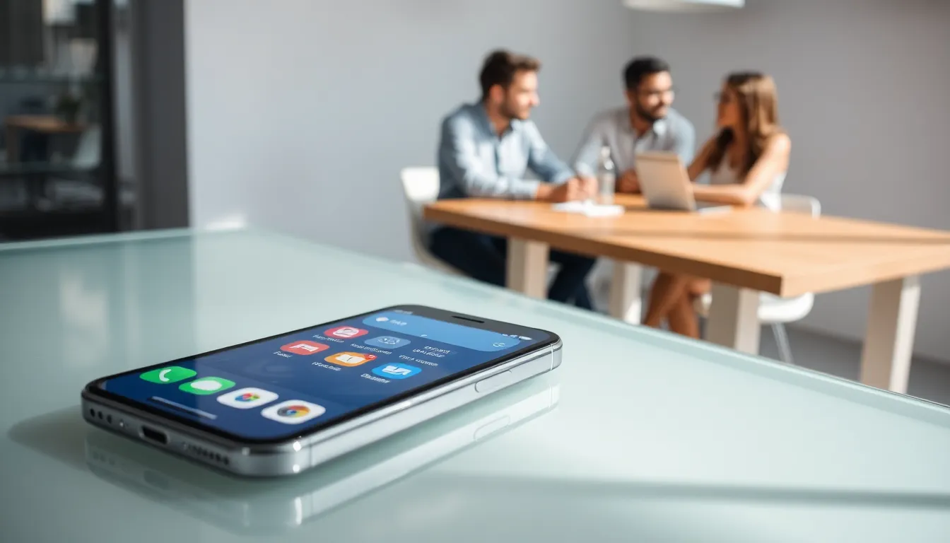 iPhone on a modern desk showing app refresh animation.