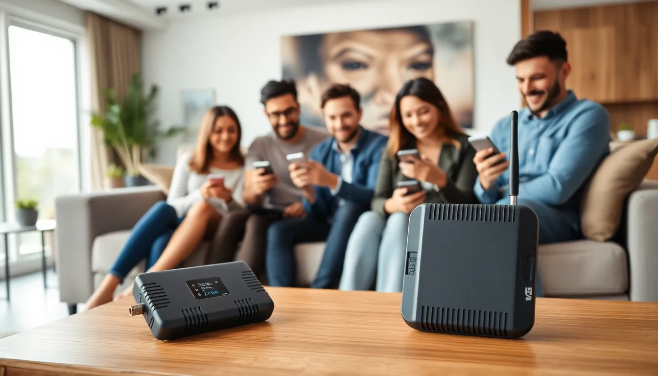family using devices in a modern living room with a cell phone booster.