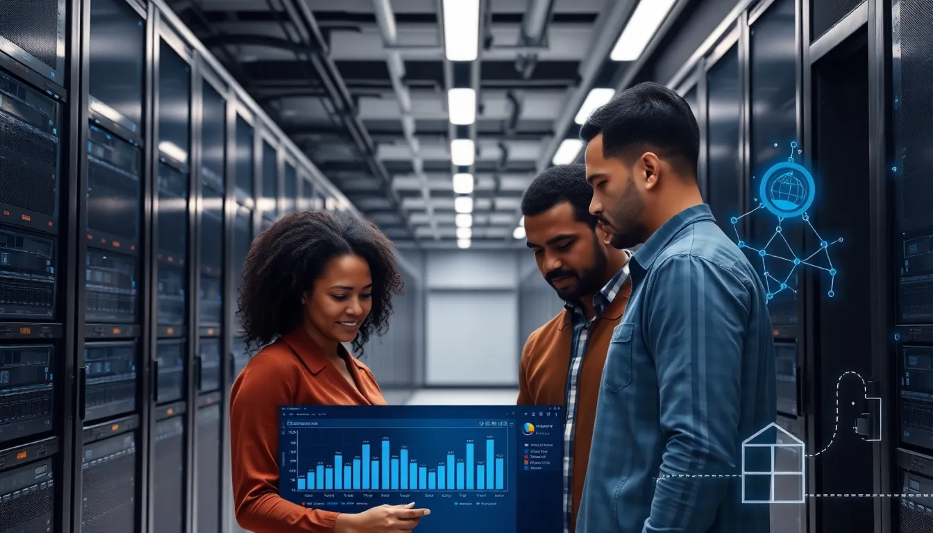 diverse team collaborating in a modern data center.
