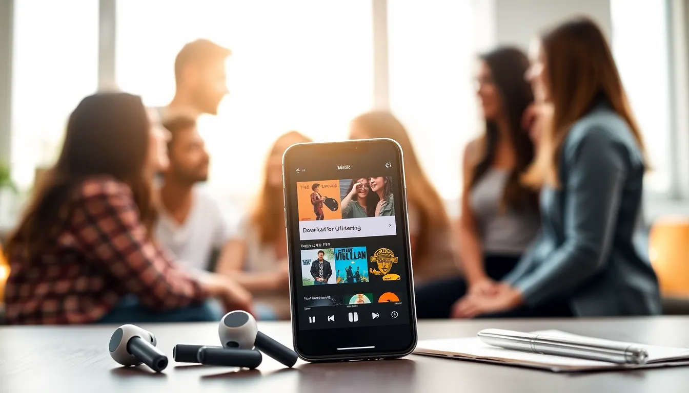 smartphone displaying a music app for offline listening features.