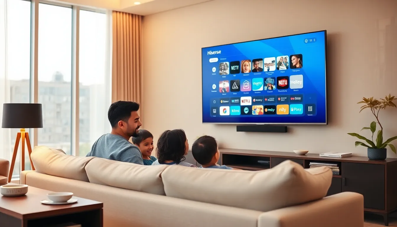 family enjoying Hisense smart TV with streaming apps in a modern living room.