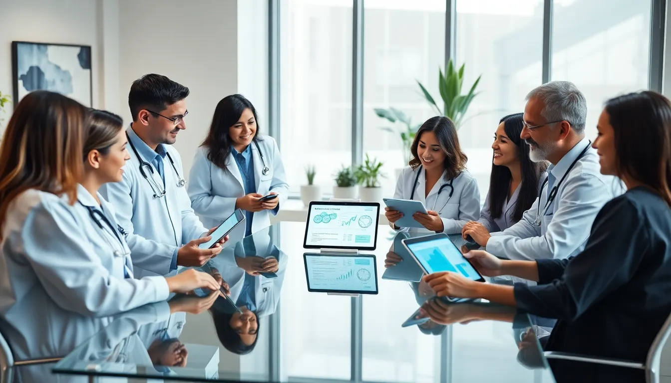 healthcare team discussing cloud computing in a modern office.