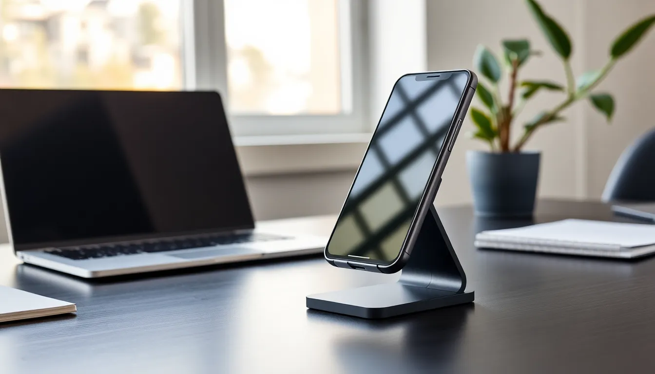 modern mobile phone holder on a desk in a professional workspace.