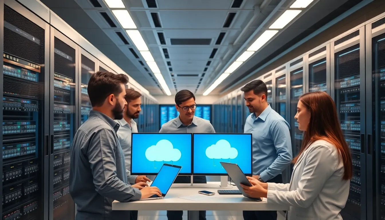 diverse team in a modern data center for cloud computing.