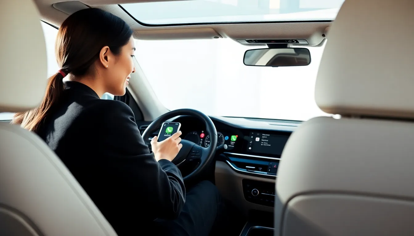 woman interacting with Apple CarPlay in a modern car interior.