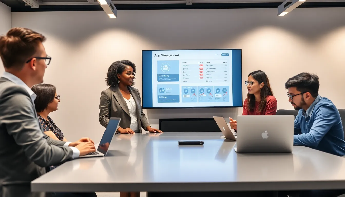 diverse team discussing app blocking strategies in a modern office.