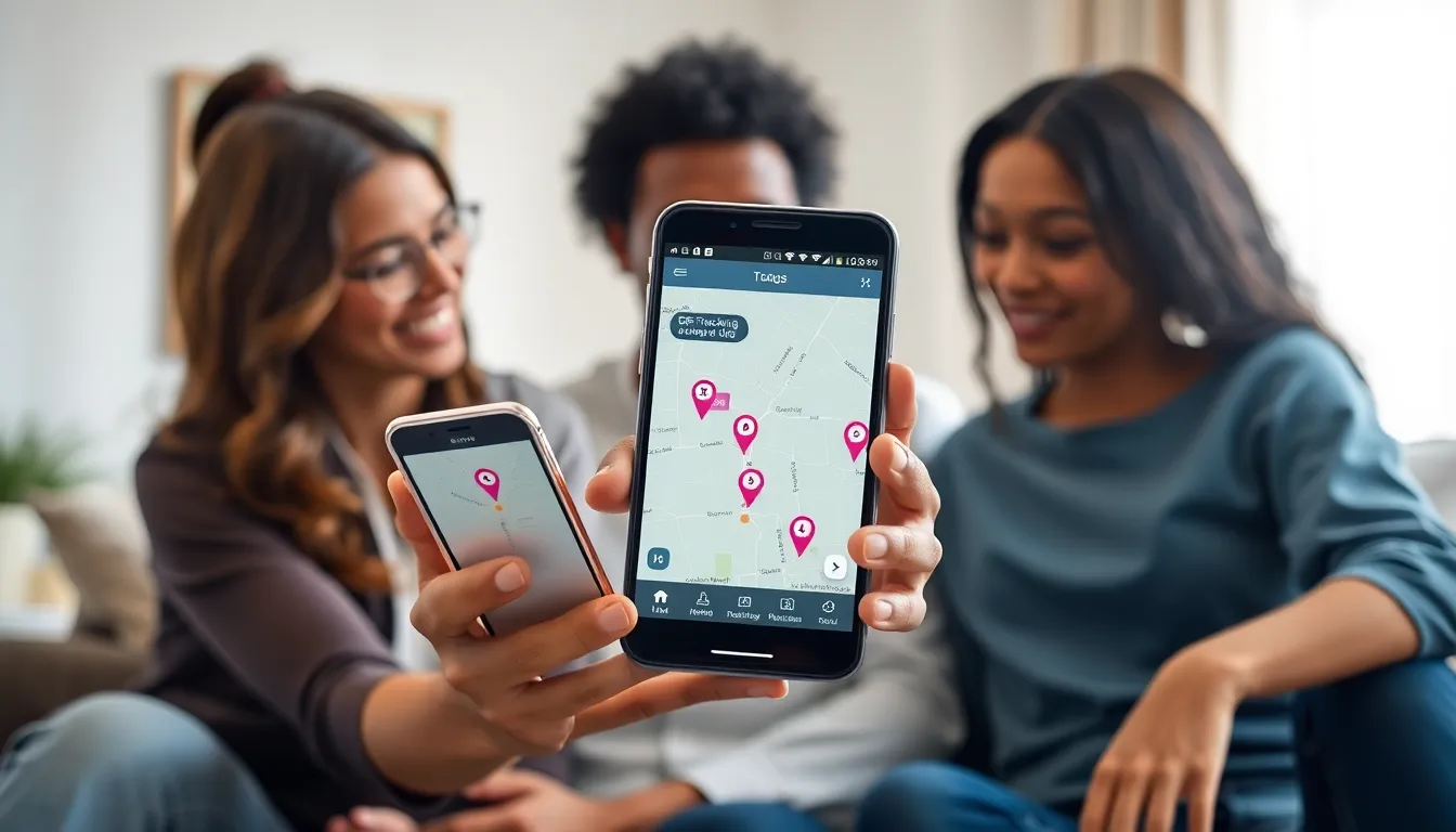 family using a smartphone to track their child's location.