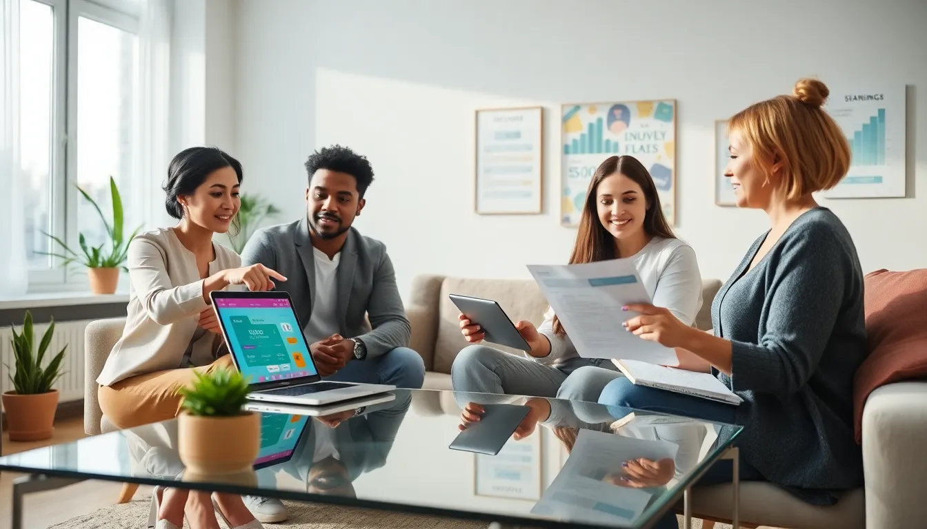 diverse team discussing savings apps in a modern office.