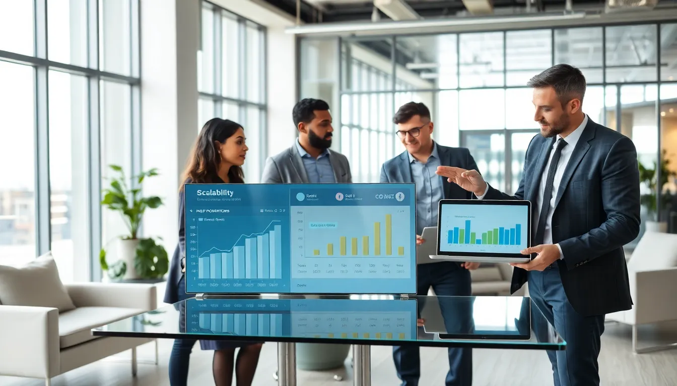 diverse team discussing cloud scalability strategies in a modern office.