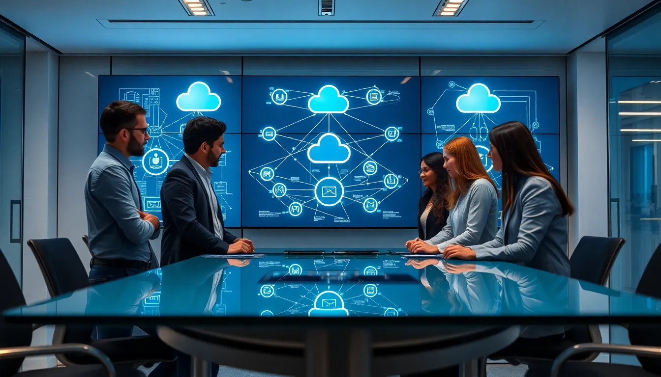 IT professionals discussing network virtualization in a modern office.