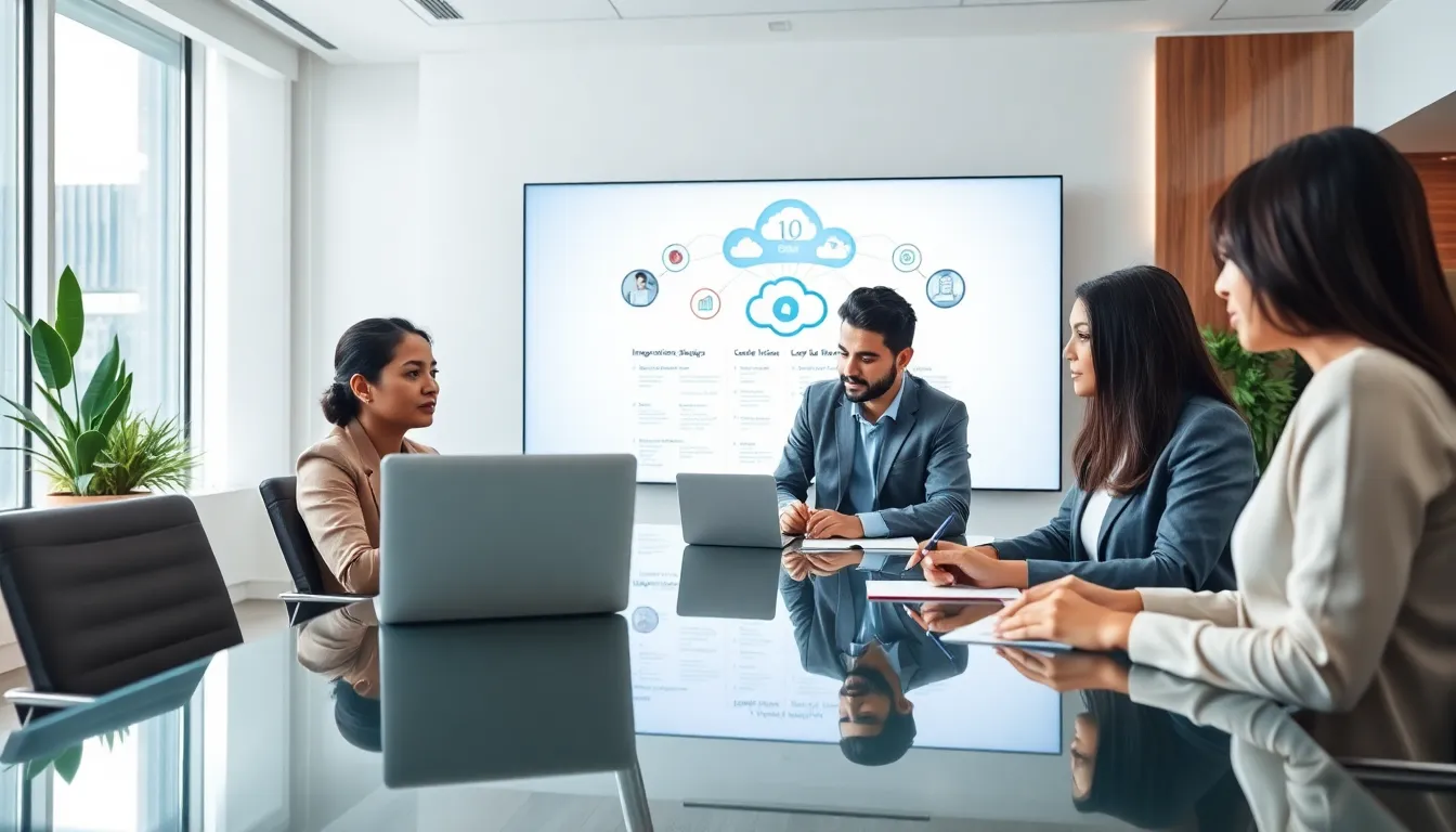 diverse team discussing cloud computing in a modern office.