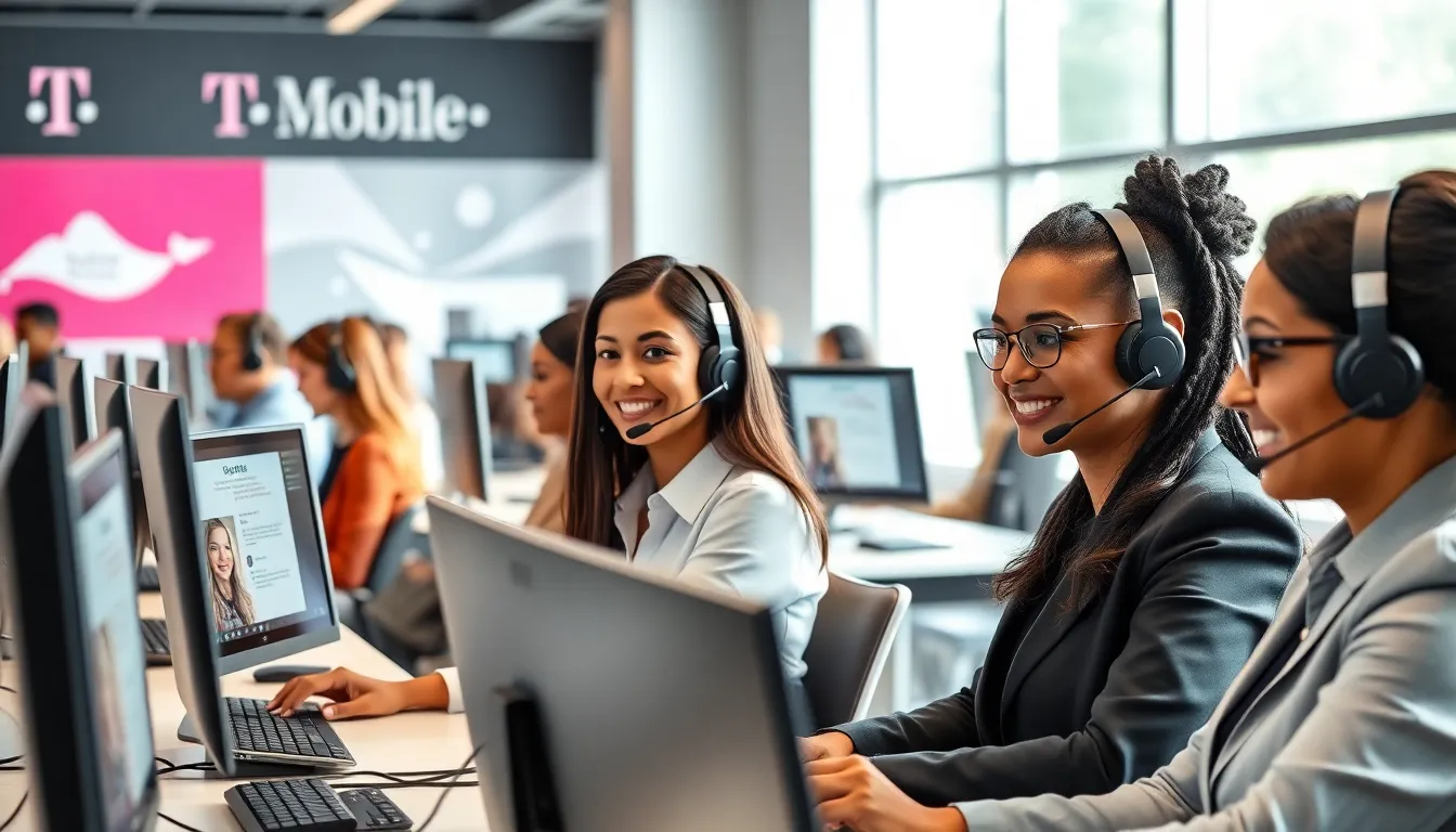diverse customer support team assisting clients in a modern office.